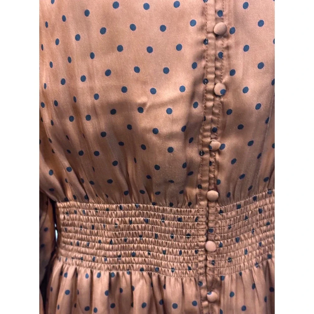 Banana Republic Polka Dot Smocked Waist Peplum Blouse Bronze Brown Large NWT